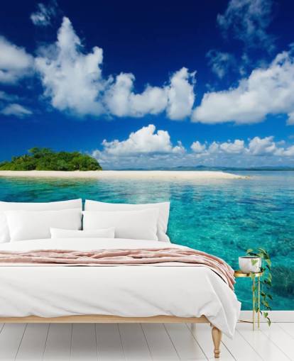 Fondo de pantalla de aguas azules y pequeñas islas tropicales