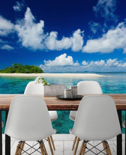 Fondo de pantalla de aguas azules y pequeñas islas tropicales