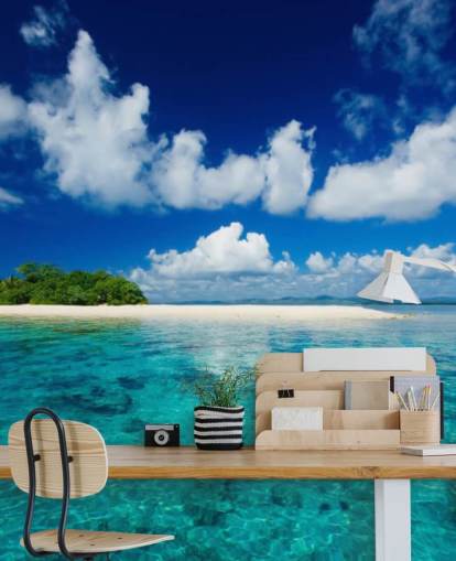 Fondo de pantalla de aguas azules y pequeñas islas tropicales