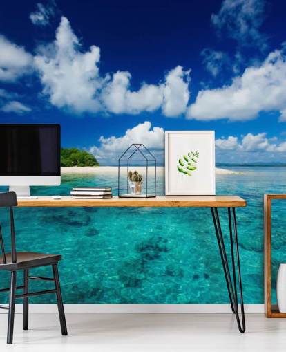 Fondo de pantalla de aguas azules y pequeñas islas tropicales