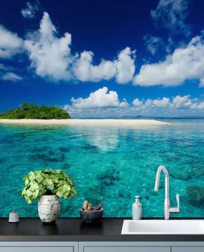 Fondo de pantalla de aguas azules y pequeñas islas tropicales