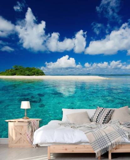 Fondo de pantalla de aguas azules y pequeñas islas tropicales