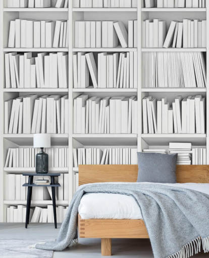 Witte boeken op een witte boekenkast behang