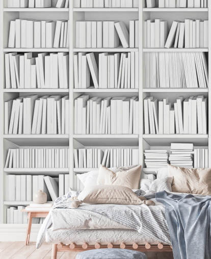Libros blancos en un fondo de pantalla de librería blanca