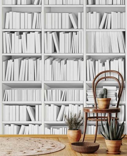 Livros brancos em um papel de parede de estante branca