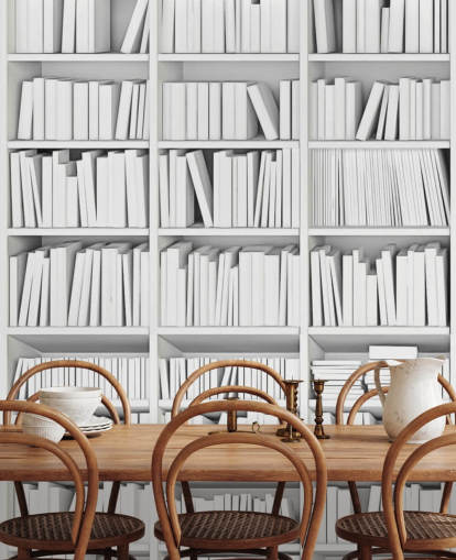 Carta da parati con libri bianchi su una libreria bianca