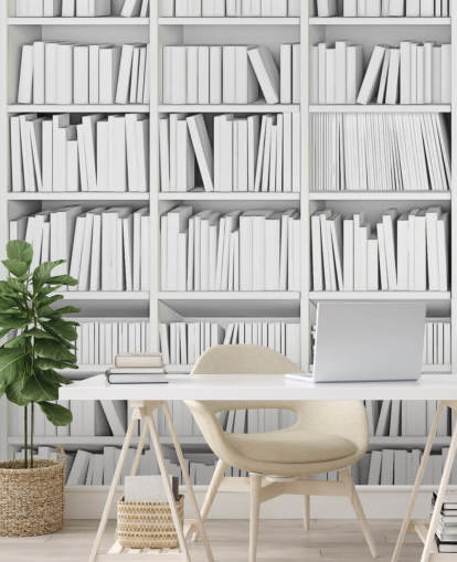 Weiße Bücher auf einer weißen Bücherregal-Tapete