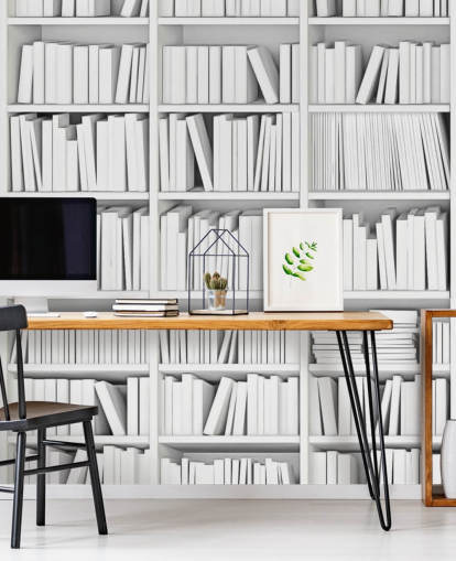 Libros blancos en un fondo de pantalla de librería blanca