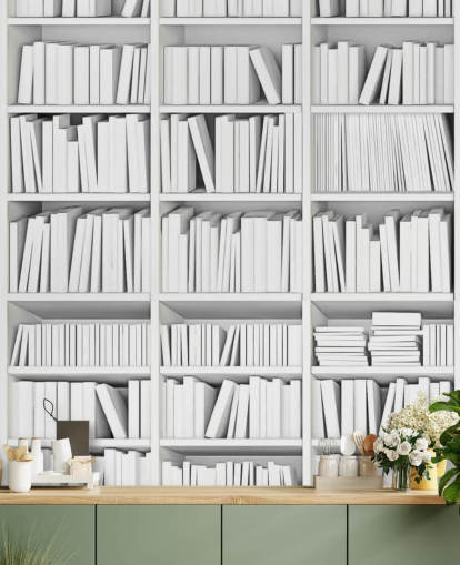 Carta da parati con libri bianchi su una libreria bianca