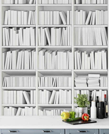 Libros blancos en un fondo de pantalla de librería blanca