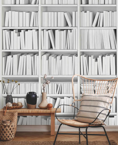 Libros blancos en un fondo de pantalla de librería blanca