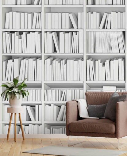 Weiße Bücher auf einer weißen Bücherregal-Tapete