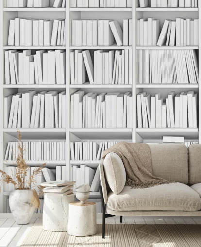Libros blancos en un fondo de pantalla de librería blanca