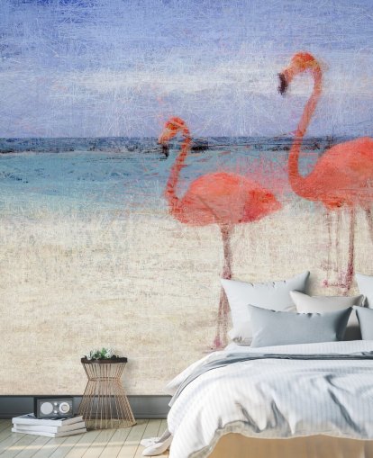 Painted Flamingos at the Beach Mural Painted Flamingos at the Beach Mural