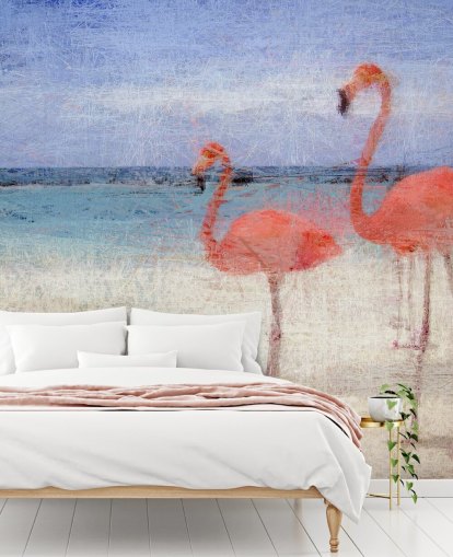 Papier Peint Fresque Flamants roses sur la plage 