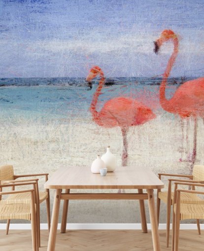 Painted Flamingos at the Beach Mural Painted Flamingos at the Beach Mural