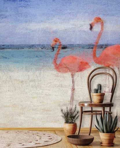 Malede flamingoer på stranden vægmaleri 