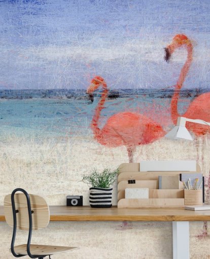 Decorazione murale con fenicotteri dipinti sulla spiaggia 