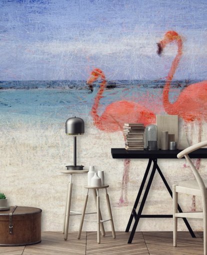 Mural Flamencos pintados en la playa 