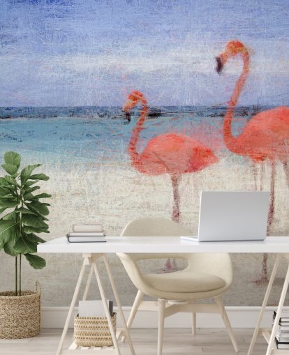 Mural Flamencos pintados en la playa 