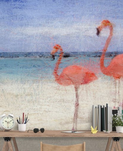 Malede flamingoer på stranden vægmaleri Malede flamingoer på stranden vægmaleri