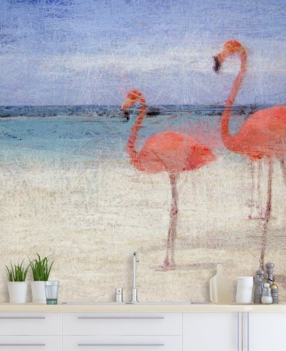 Decorazione murale con fenicotteri dipinti sulla spiaggia 