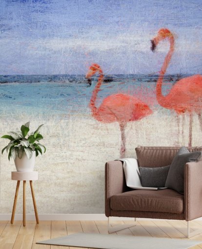 Malede flamingoer på stranden vægmaleri Malede flamingoer på stranden vægmaleri