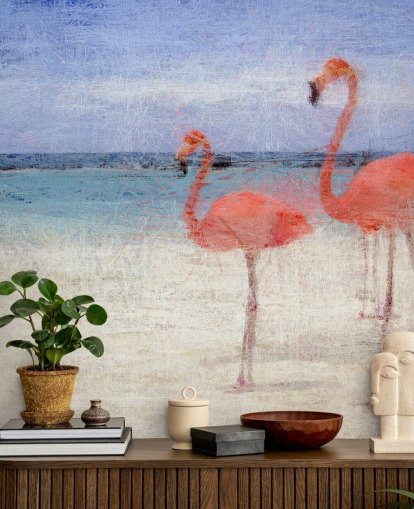 Geschilderde flamingo's op de strandmuurschildering Geschilderde flamingo's op de strandmuurschildering