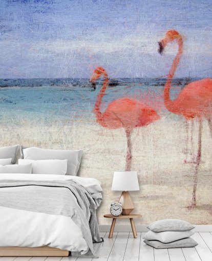 Mural Flamencos pintados en la playa 