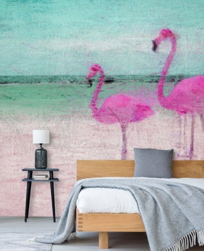 Malte flamingoer på stranden Mural Malte flamingoer på stranden Mural
