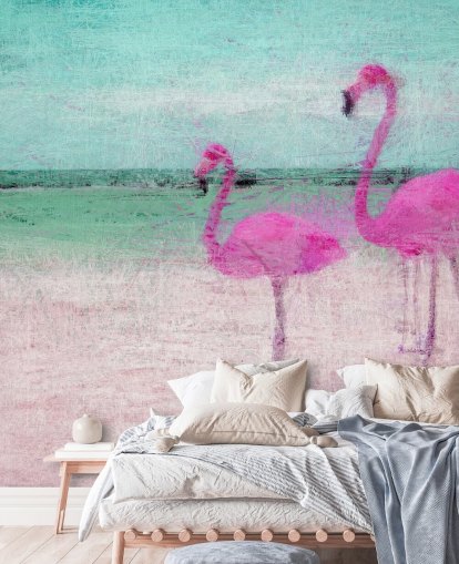 Bemalte Flamingos am Strand Fototapete Bemalte Flamingos am Strand Fototapete