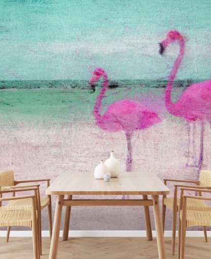 Malede flamingoer på stranden vægmaleri 