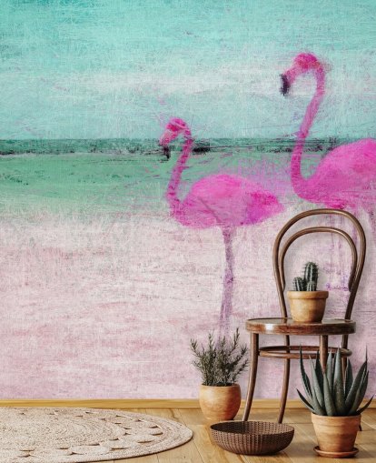 Malte flamingoer på stranden Mural Malte flamingoer på stranden Mural