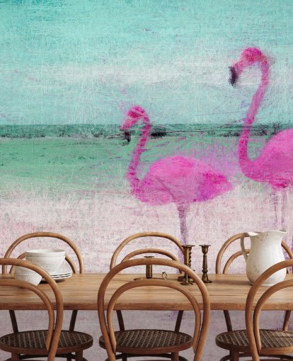 Malede flamingoer på stranden vægmaleri Malede flamingoer på stranden vægmaleri