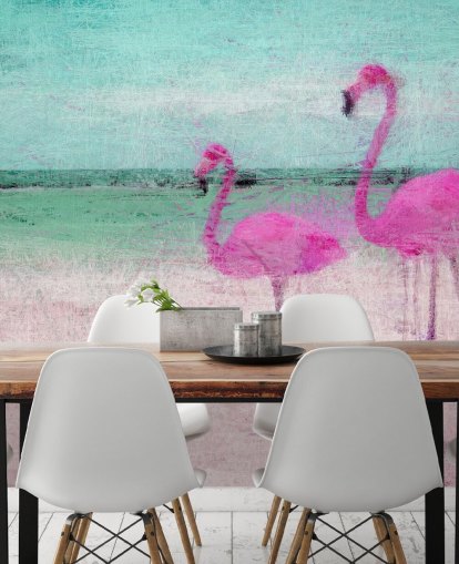 Mural Flamencos pintados en la playa Mural Flamencos pintados en la playa