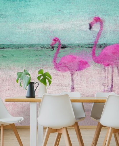 Mural Flamencos pintados en la playa 