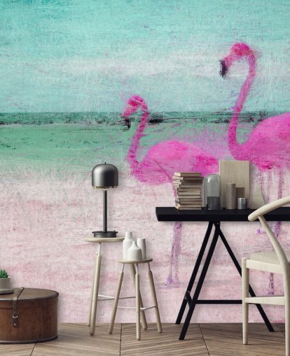 Painted Flamingos at the Beach Mural Painted Flamingos at the Beach Mural