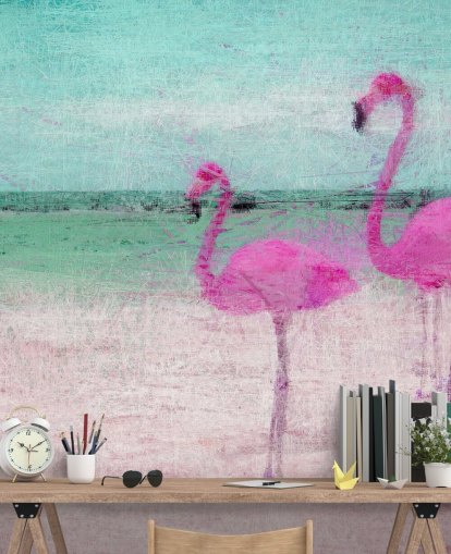Bemalte Flamingos am Strand Fototapete 