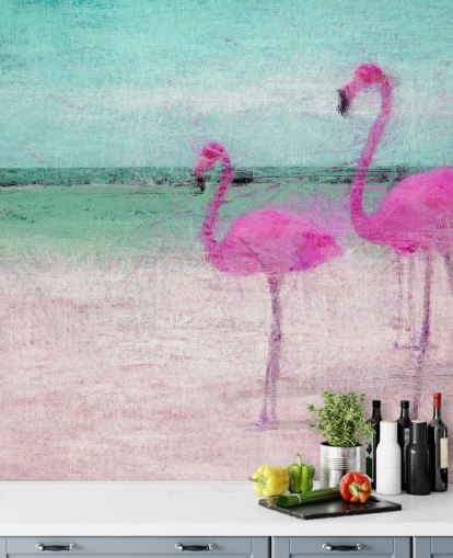 Geschilderde flamingo's op de strandmuurschildering Geschilderde flamingo's op de strandmuurschildering