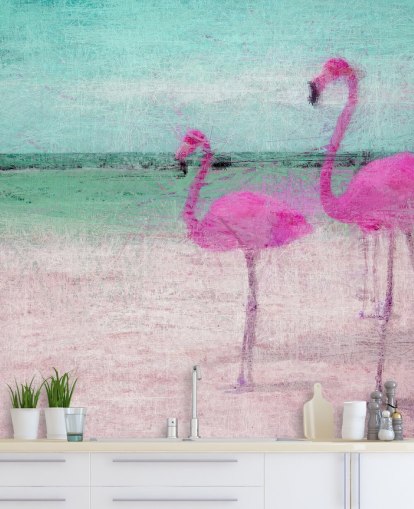 Målade Flamingos på stranden Väggmålning Målade Flamingos på stranden Väggmålning