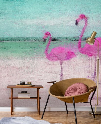 Mural Flamencos pintados en la playa 