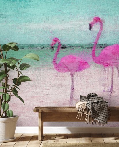 Flamingos pintados no mural da praia 