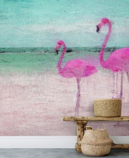 Flamingos pintados no mural da praia 
