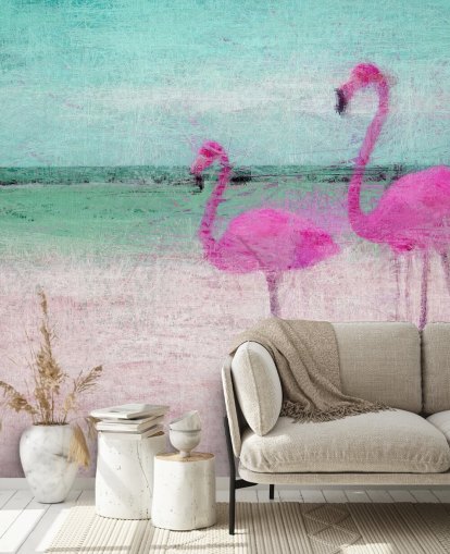 Decorazione murale con fenicotteri dipinti sulla spiaggia 