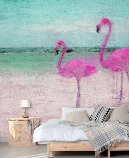 Mural Flamencos pintados en la playa 