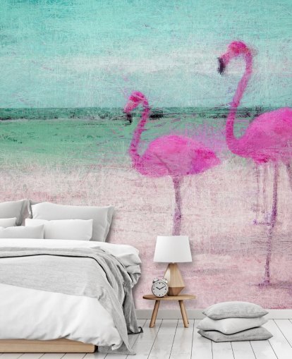 Bemalte Flamingos am Strand Fototapete Bemalte Flamingos am Strand Fototapete