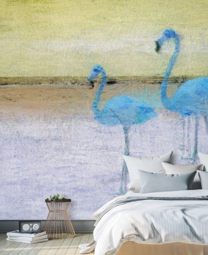 blue and yellow painting of flamingos wallapper