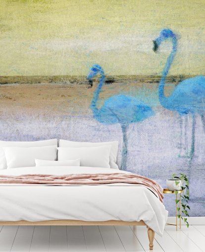 sininen ja keltainen maalaus flamingoja wallapper