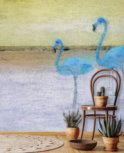 blue and yellow painting of flamingos wallapper