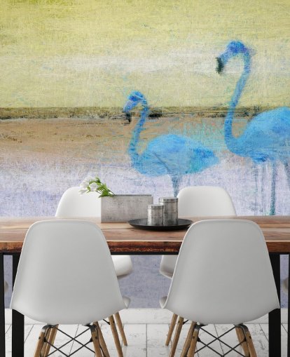 pintura azul e amarela de flamingos wallpaper